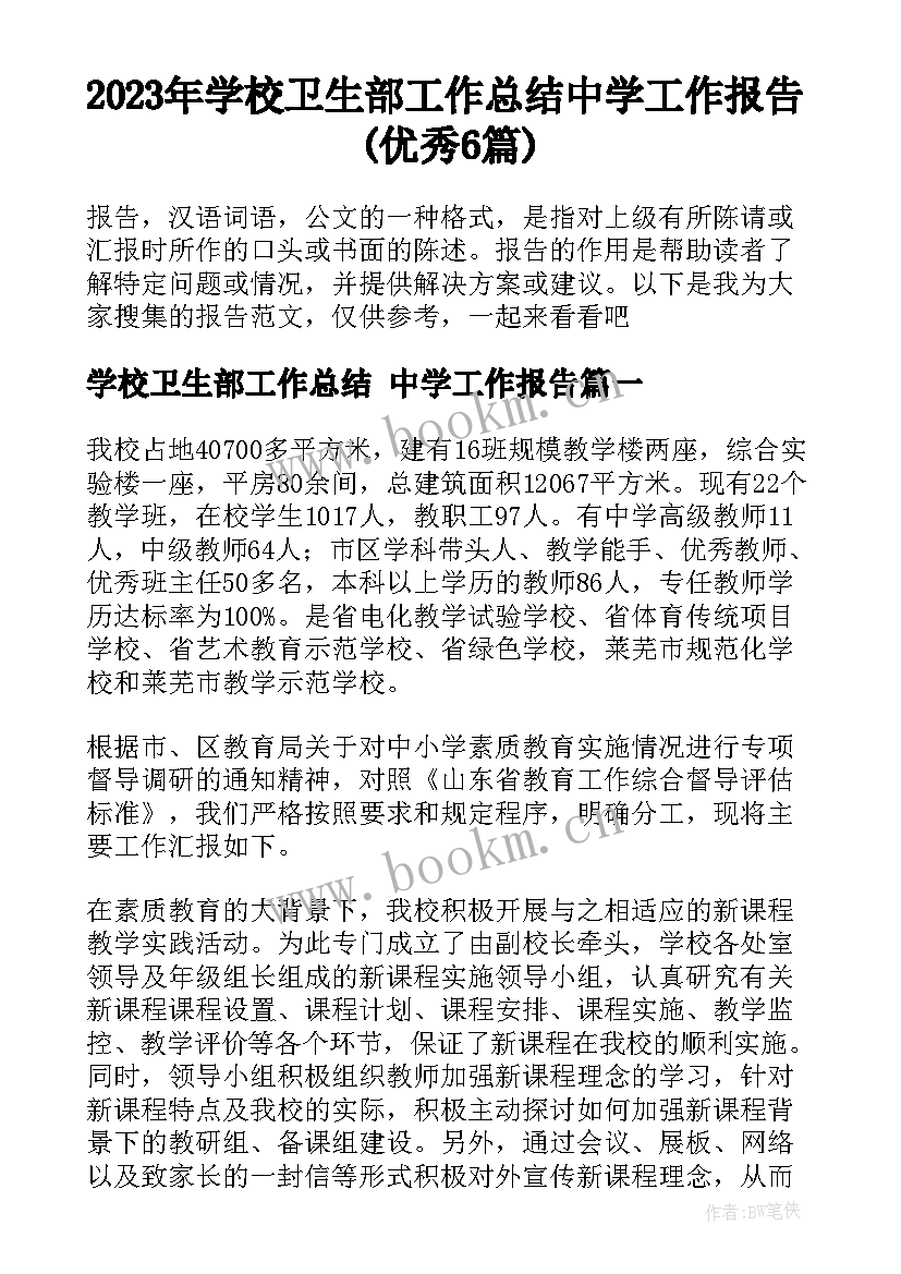 2023年学校卫生部工作总结 中学工作报告(优秀6篇)