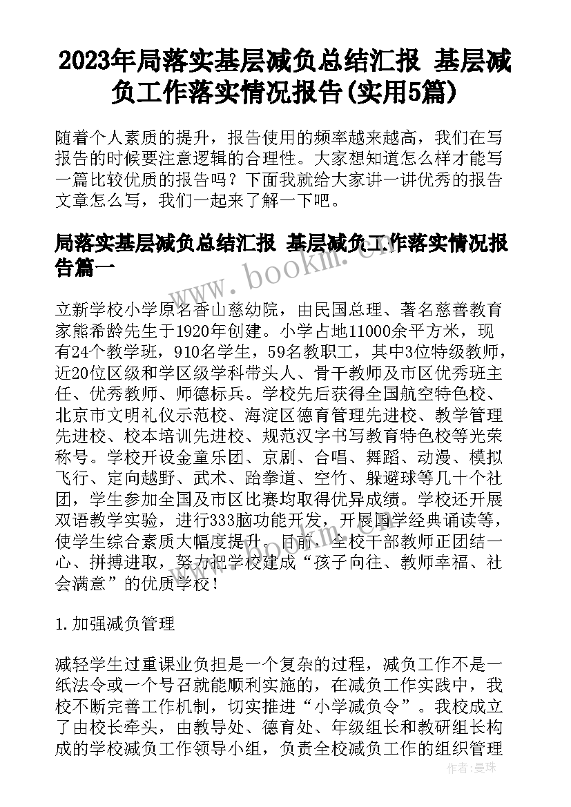 2023年局落实基层减负总结汇报 基层减负工作落实情况报告(实用5篇)