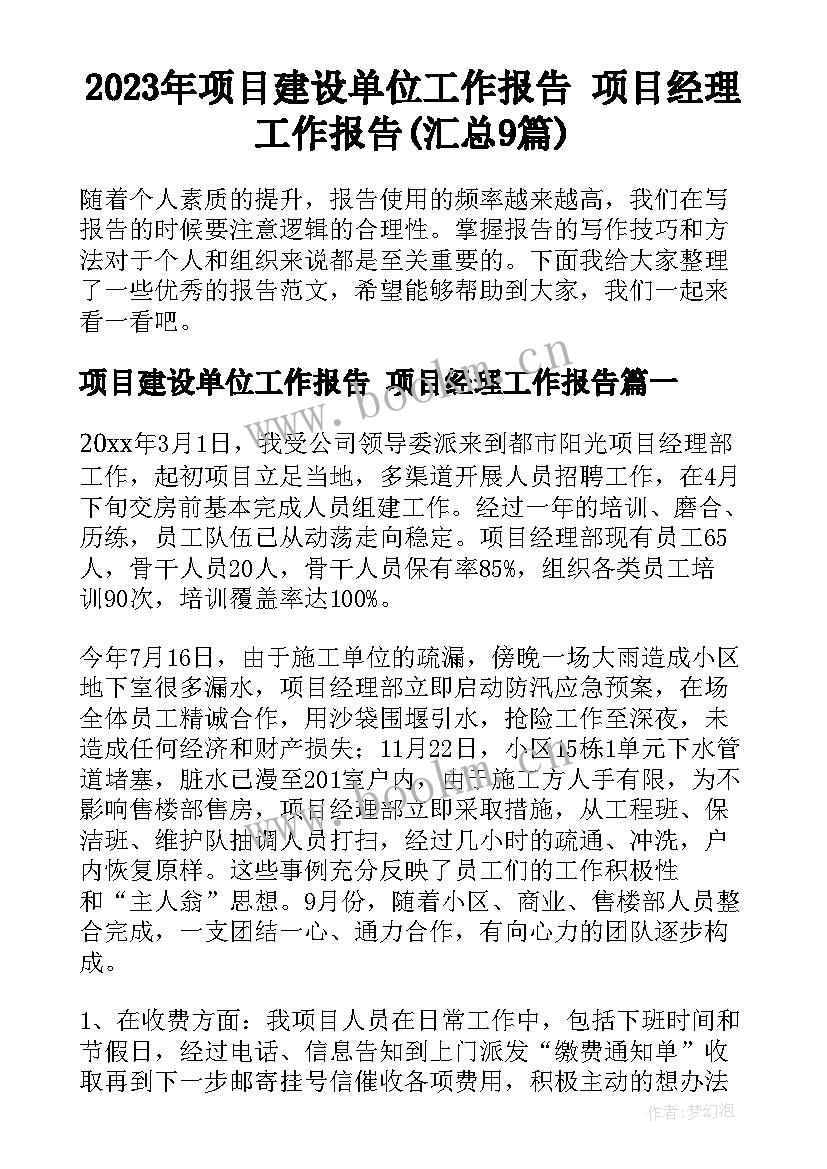 2023年项目建设单位工作报告 项目经理工作报告(汇总9篇)