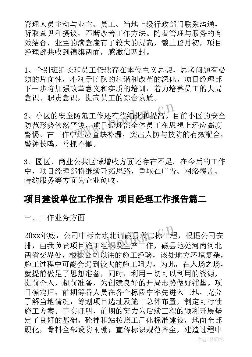 2023年项目建设单位工作报告 项目经理工作报告(汇总9篇)