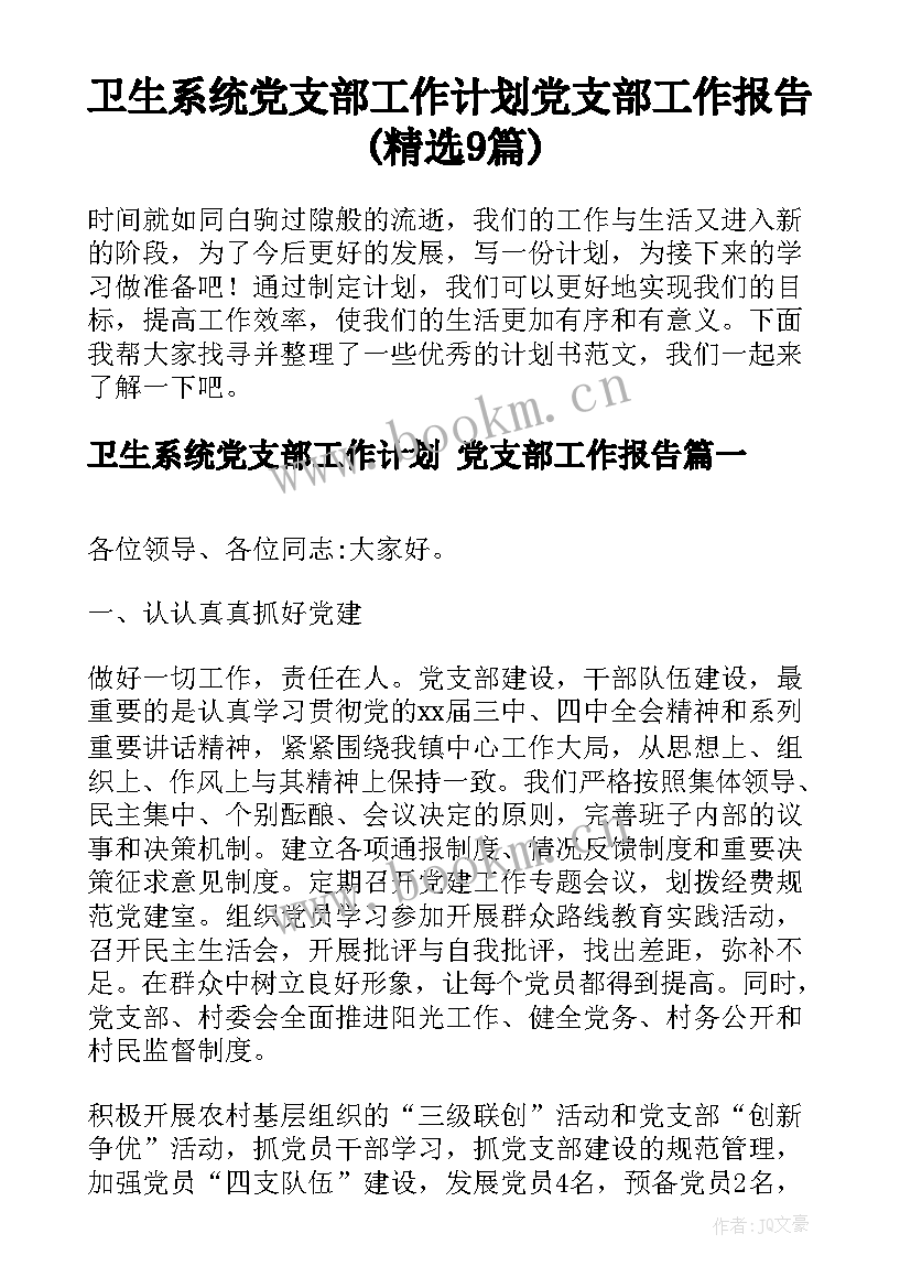 卫生系统党支部工作计划 党支部工作报告(精选9篇)