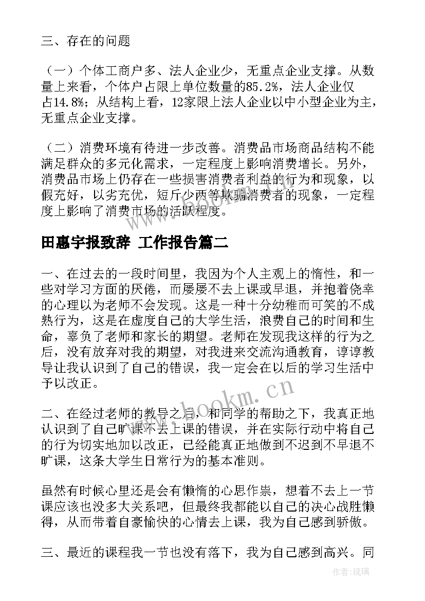 最新田惠宇报致辞 工作报告(汇总6篇)