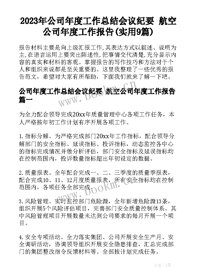 2023年公司年度工作总结会议纪要 航空公司年度工作报告(实用9篇)