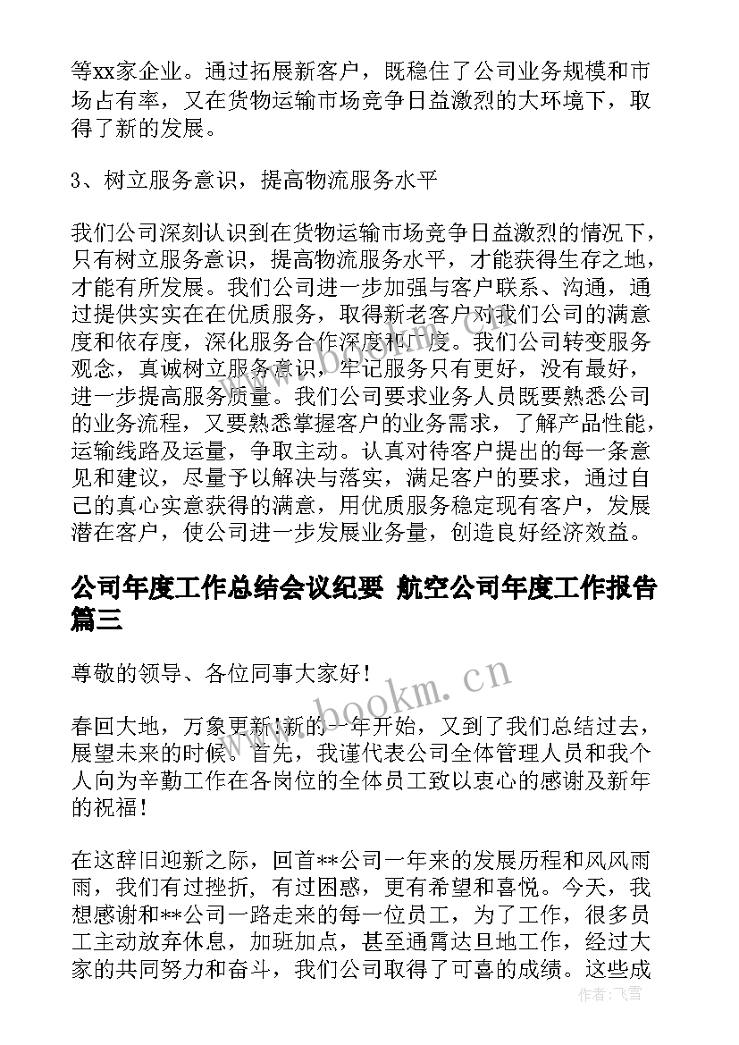 2023年公司年度工作总结会议纪要 航空公司年度工作报告(实用9篇)