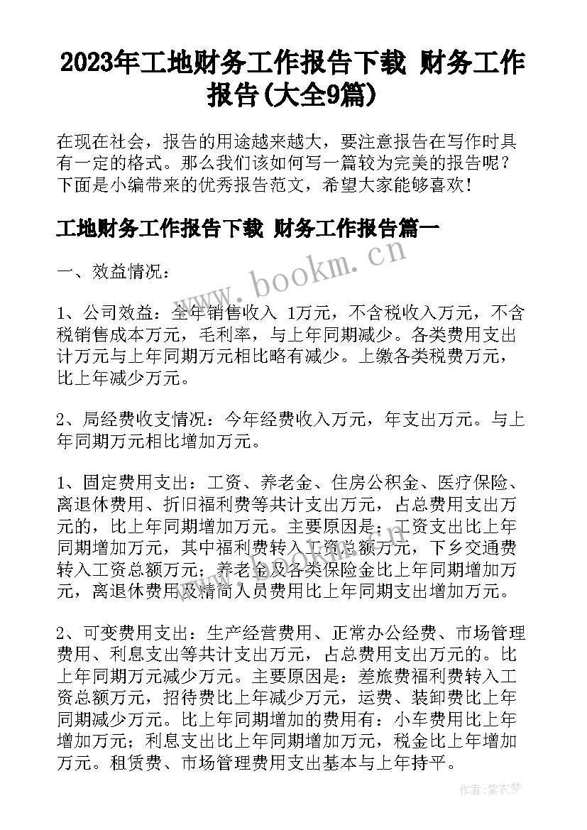 2023年工地财务工作报告下载 财务工作报告(大全9篇)