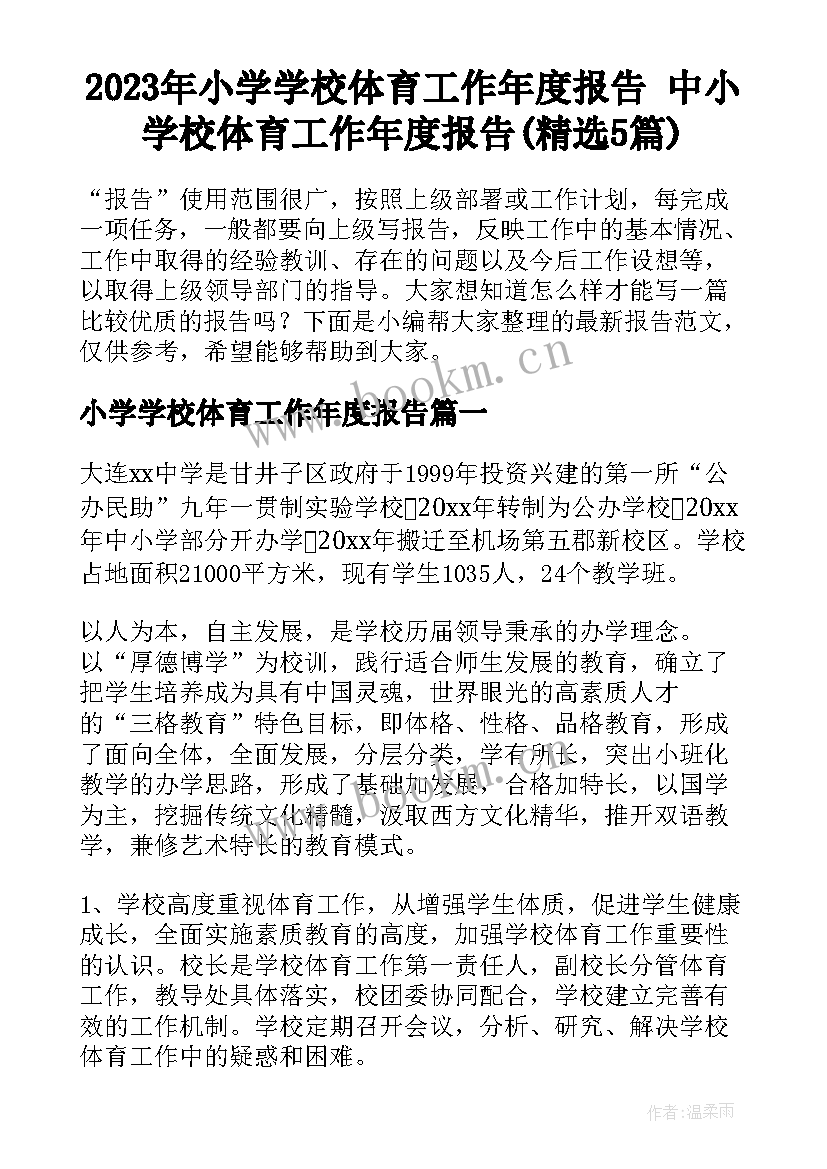 2023年小学学校体育工作年度报告 中小学校体育工作年度报告(精选5篇)