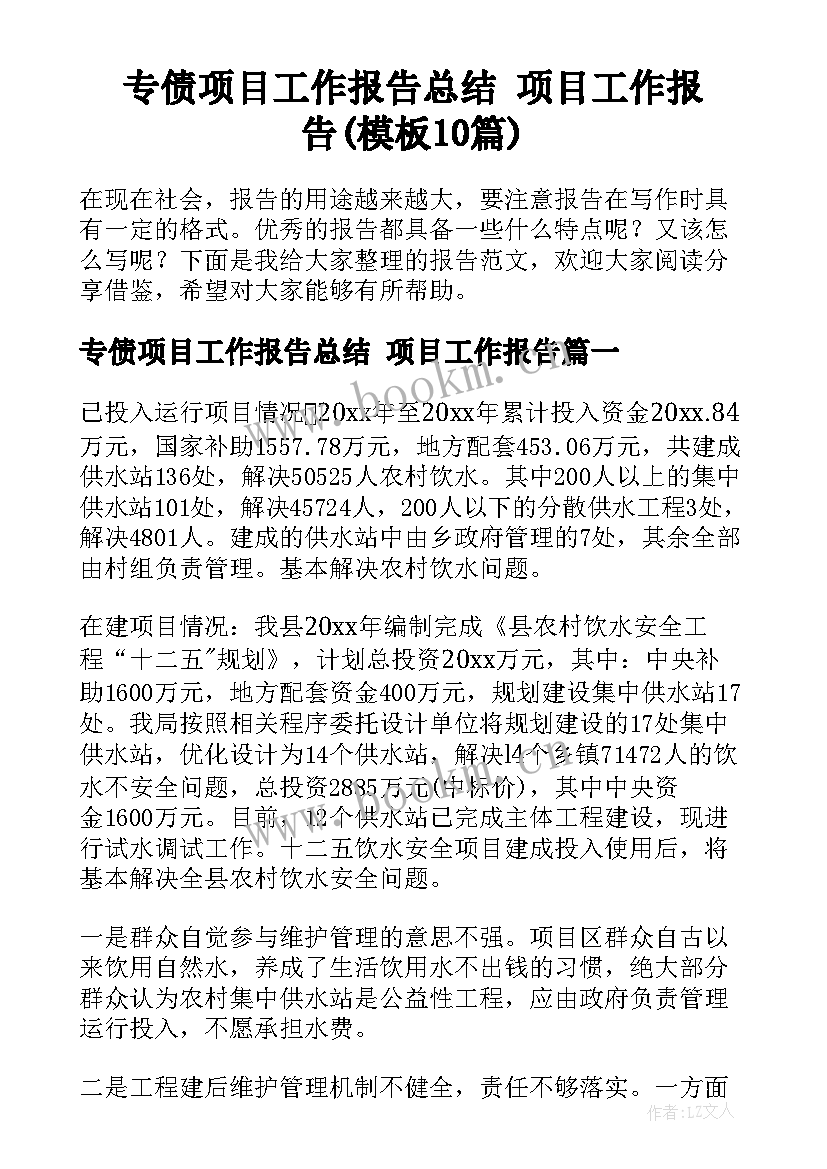 专债项目工作报告总结 项目工作报告(模板10篇)