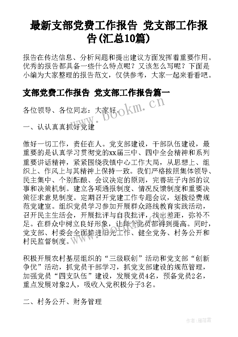 最新支部党费工作报告 党支部工作报告(汇总10篇)