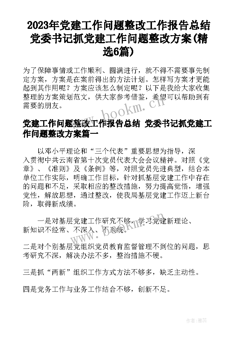 2023年党建工作问题整改工作报告总结 党委书记抓党建工作问题整改方案(精选6篇)