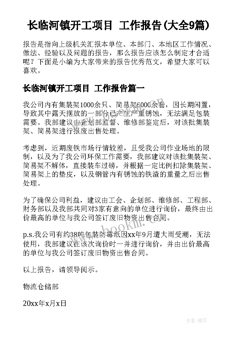 长临河镇开工项目 工作报告(大全9篇)