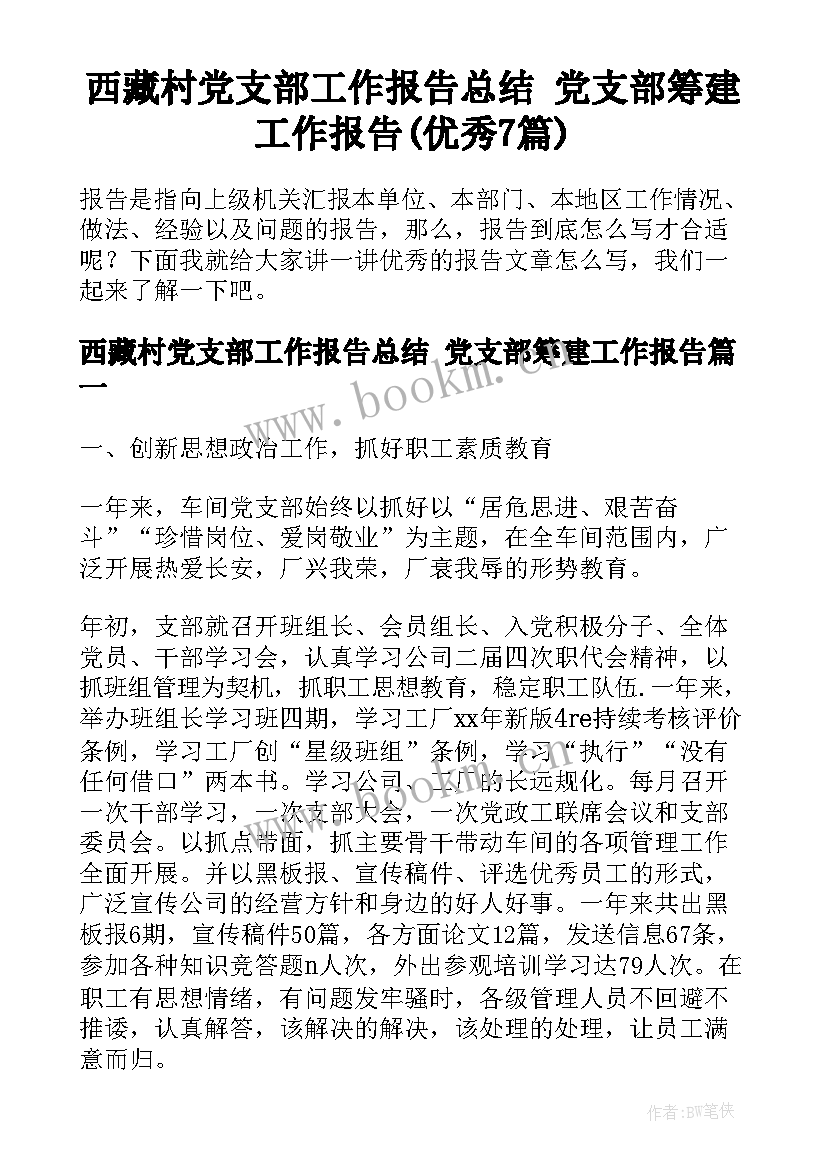 西藏村党支部工作报告总结 党支部筹建工作报告(优秀7篇)