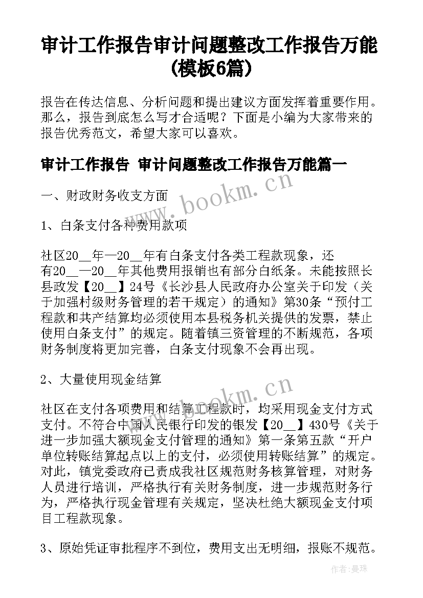 审计工作报告 审计问题整改工作报告万能(模板6篇)