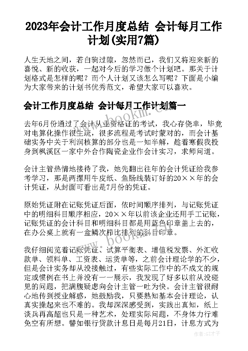 2023年会计工作月度总结 会计每月工作计划(实用7篇)