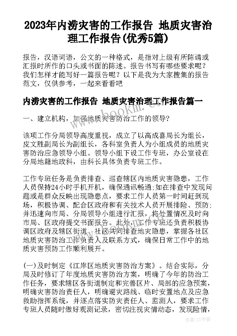 2023年内涝灾害的工作报告 地质灾害治理工作报告(优秀5篇)