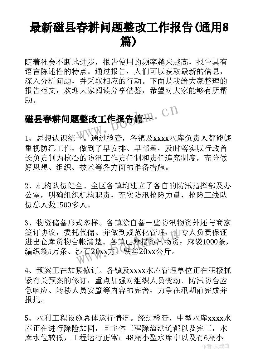 最新磁县春耕问题整改工作报告(通用8篇)