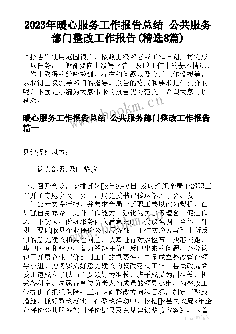 2023年暖心服务工作报告总结 公共服务部门整改工作报告(精选8篇)