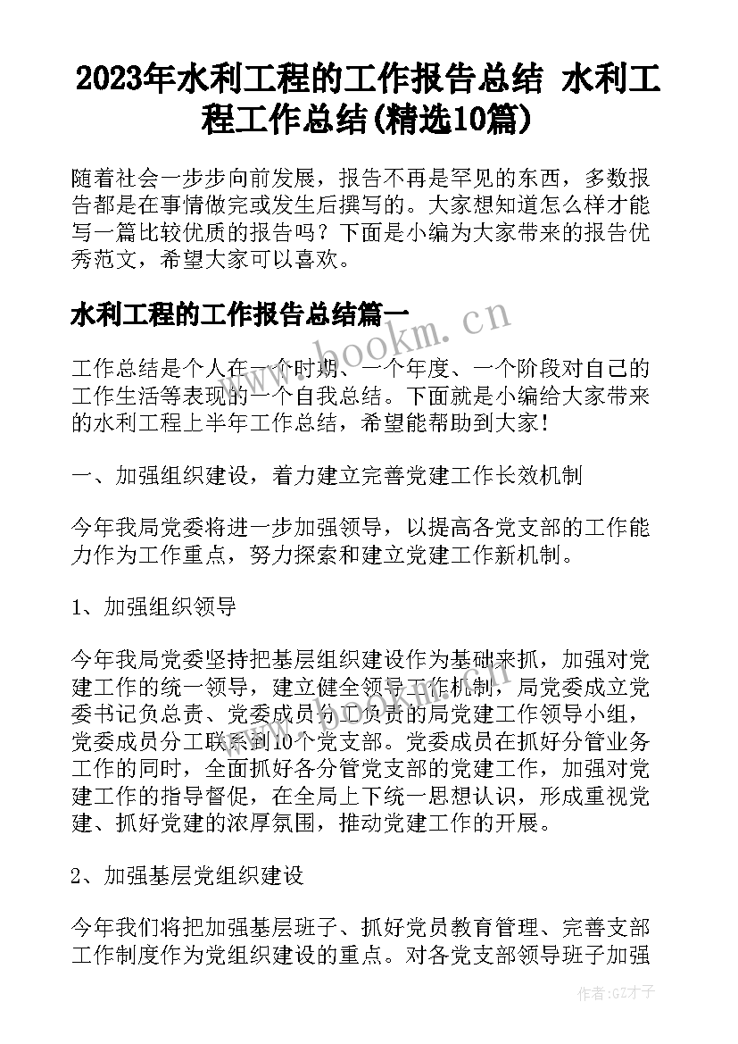 2023年水利工程的工作报告总结 水利工程工作总结(精选10篇)