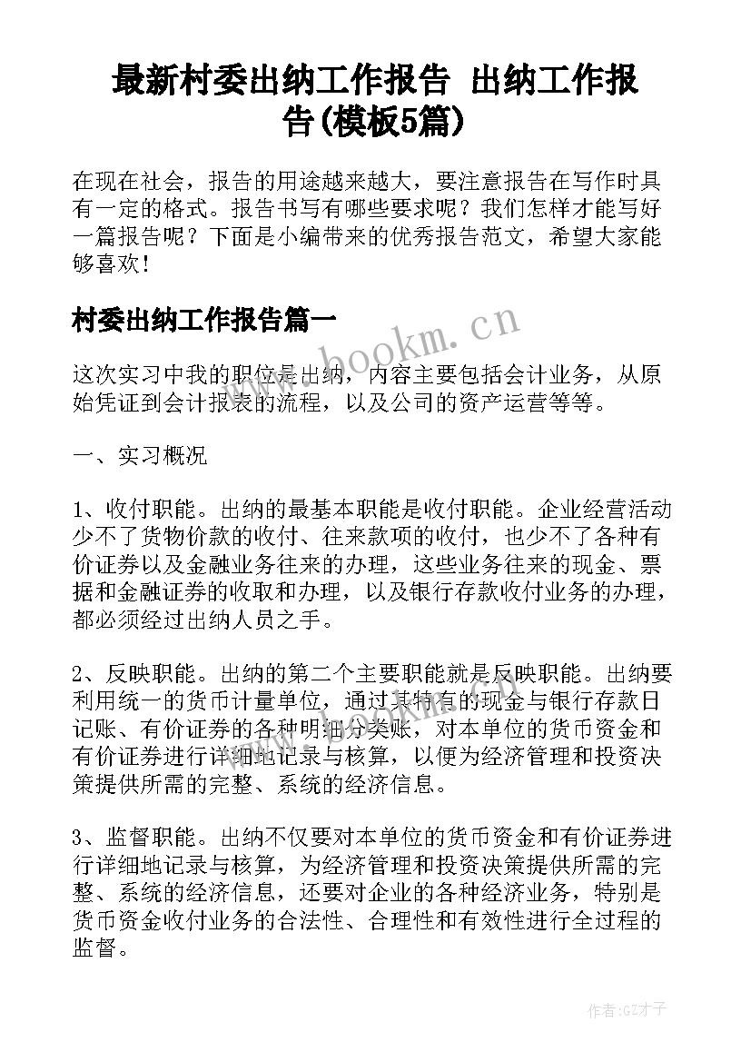 最新村委出纳工作报告 出纳工作报告(模板5篇)