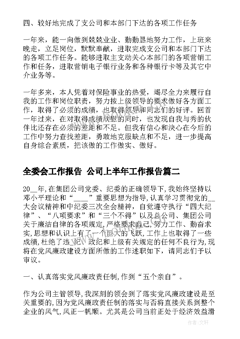 全委会工作报告 公司上半年工作报告(大全6篇)