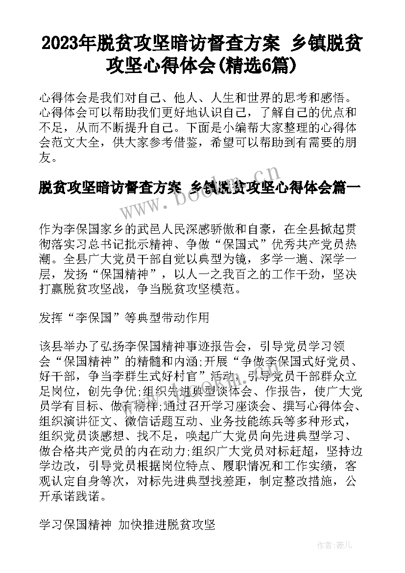 2023年脱贫攻坚暗访督查方案 乡镇脱贫攻坚心得体会(精选6篇)