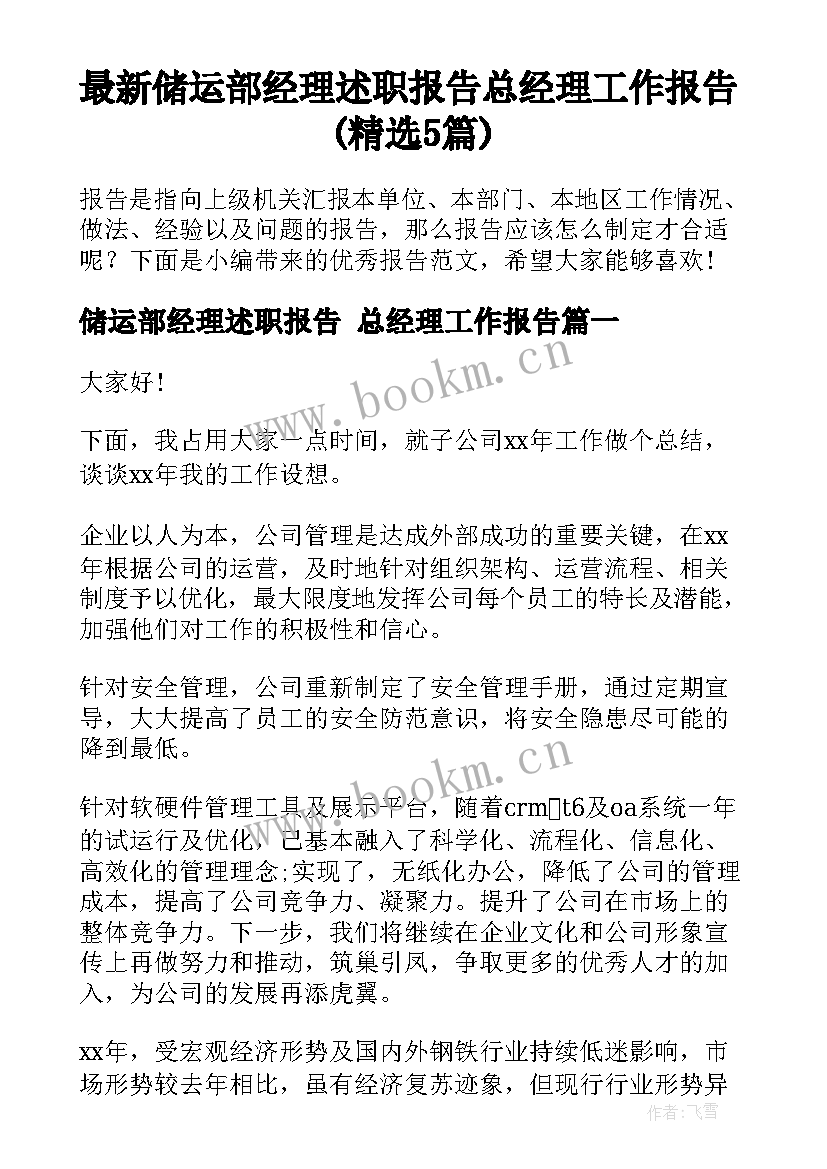 最新储运部经理述职报告 总经理工作报告(精选5篇)