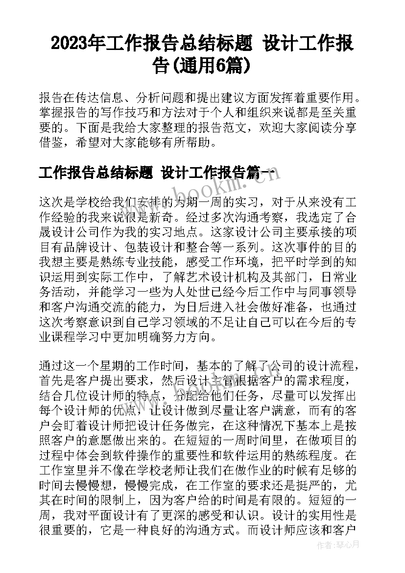 2023年工作报告总结标题 设计工作报告(通用6篇)