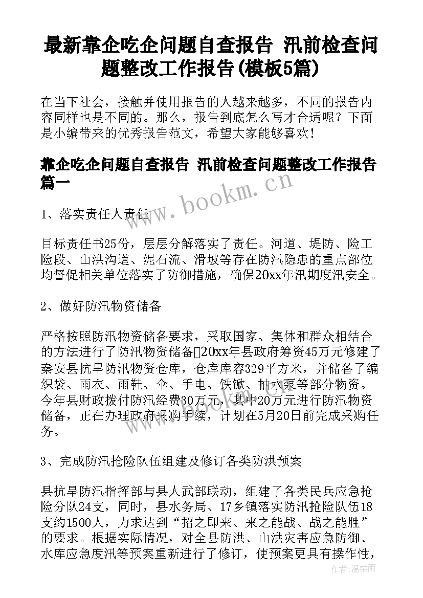 最新靠企吃企问题自查报告 汛前检查问题整改工作报告(模板5篇)