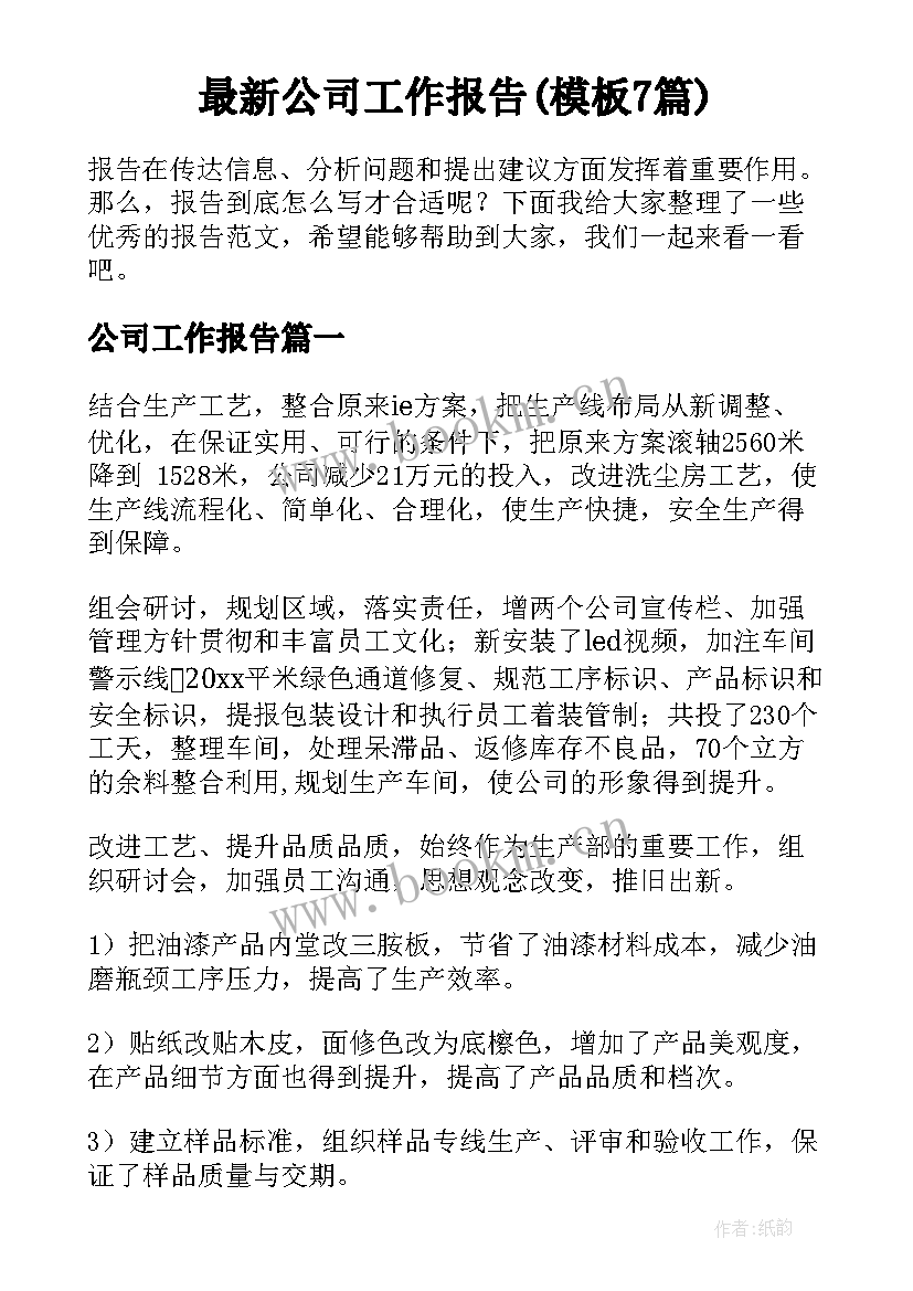 最新公司工作报告(模板7篇)