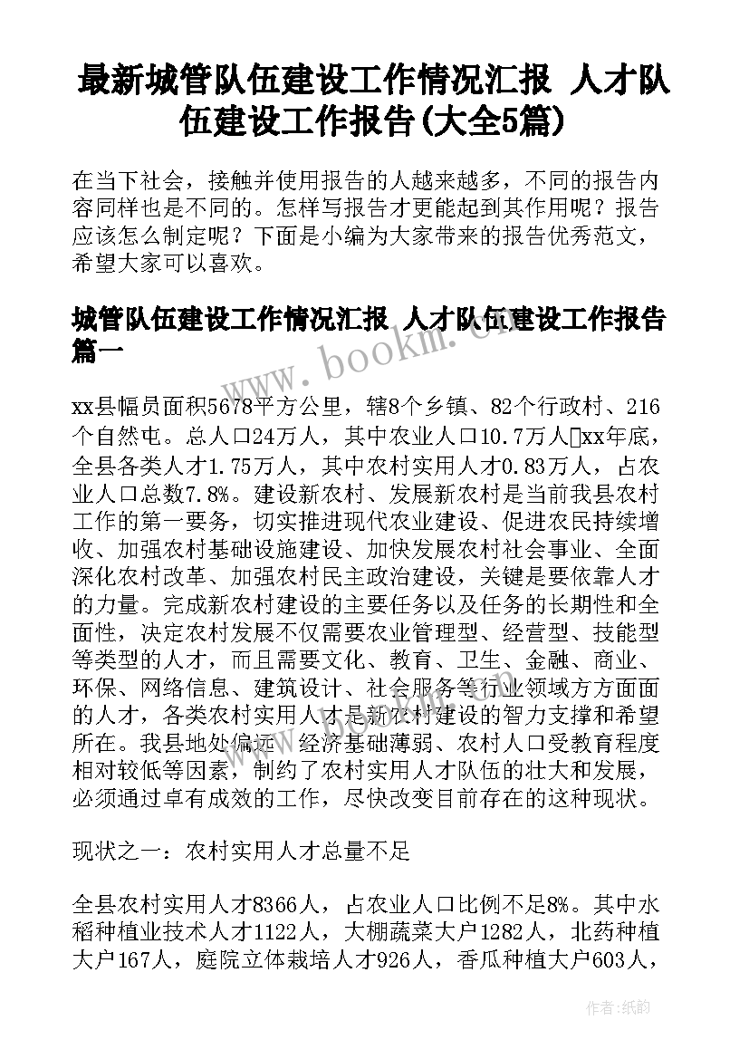 最新城管队伍建设工作情况汇报 人才队伍建设工作报告(大全5篇)