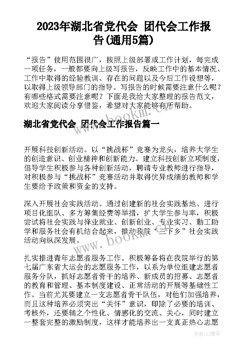 2023年湖北省党代会 团代会工作报告(通用5篇)
