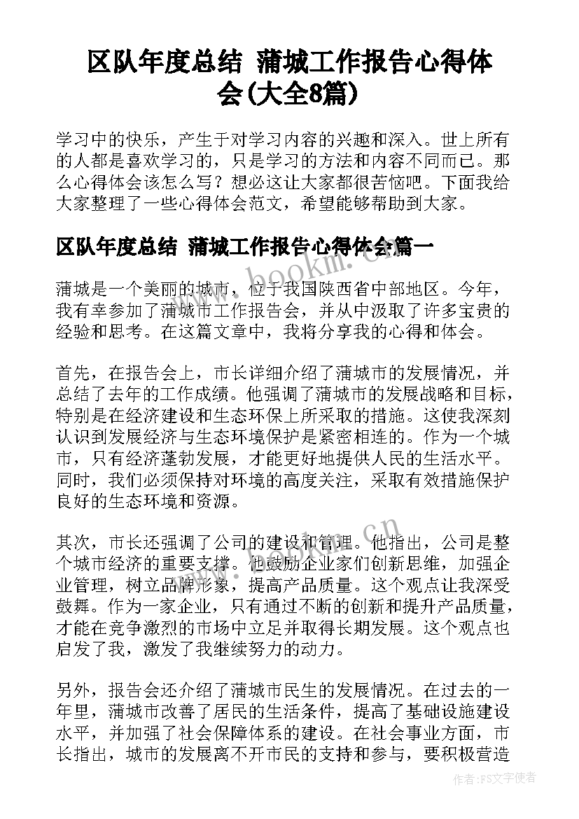 区队年度总结 蒲城工作报告心得体会(大全8篇)