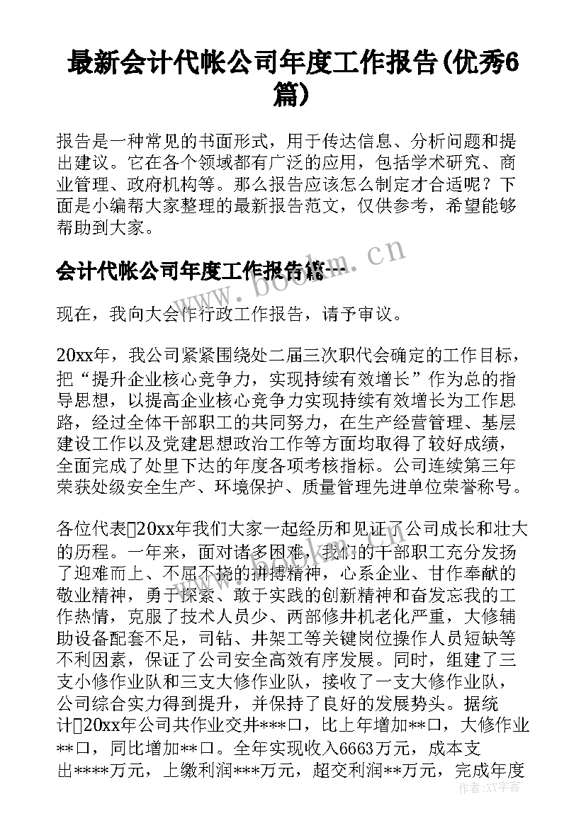 最新会计代帐公司年度工作报告(优秀6篇)