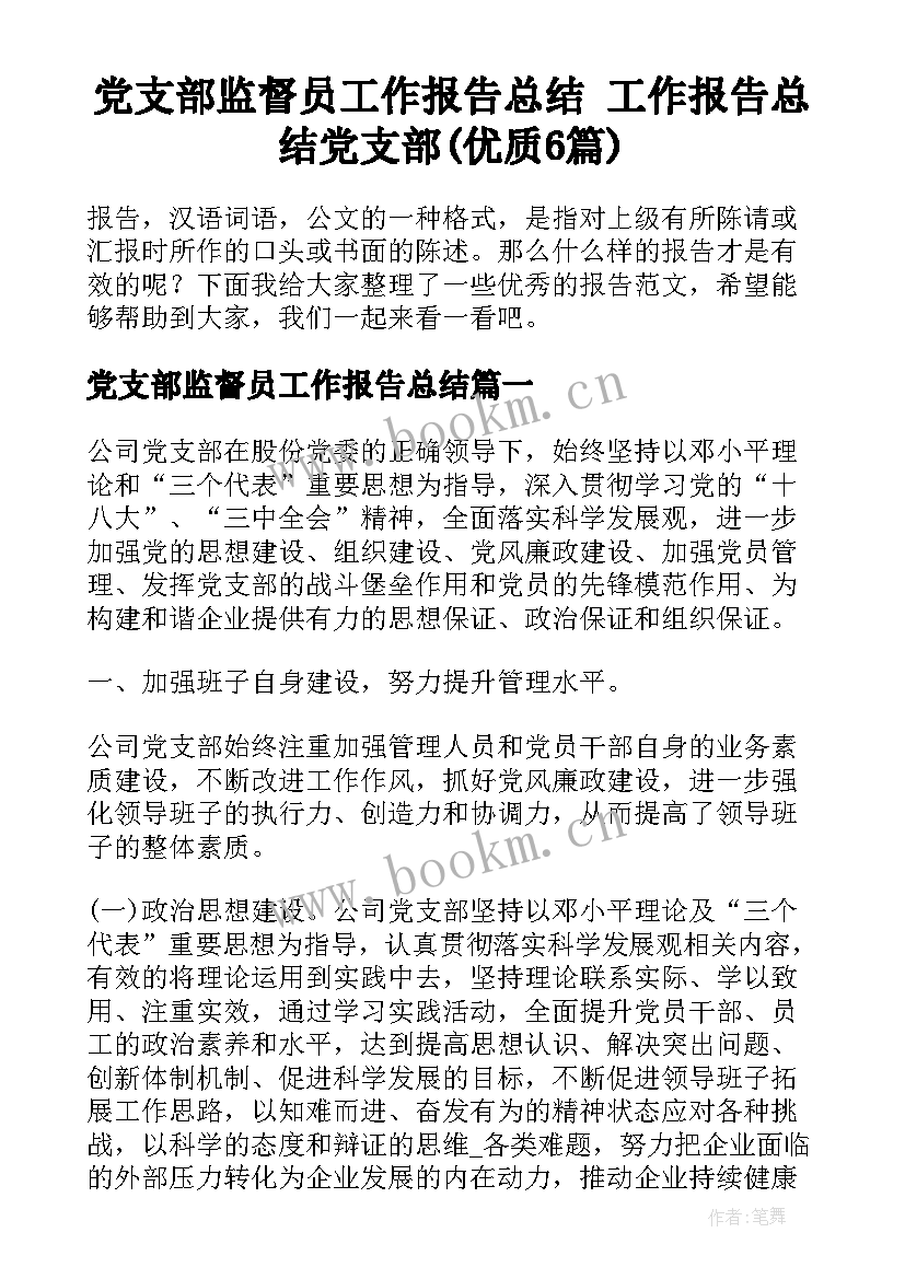 党支部监督员工作报告总结 工作报告总结党支部(优质6篇)