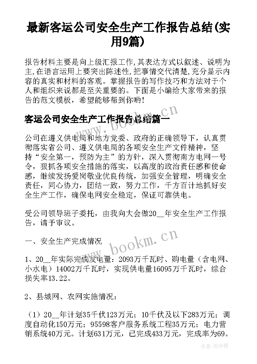 最新客运公司安全生产工作报告总结(实用9篇)