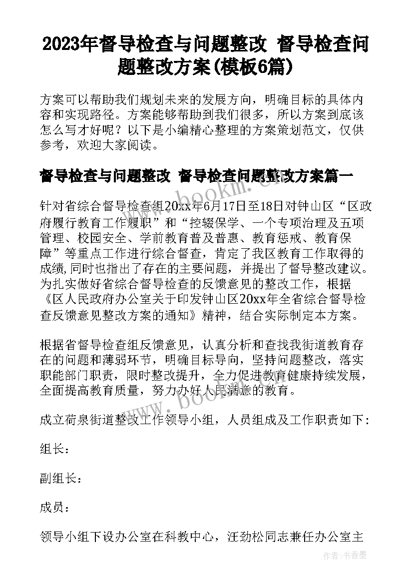 2023年督导检查与问题整改 督导检查问题整改方案(模板6篇)