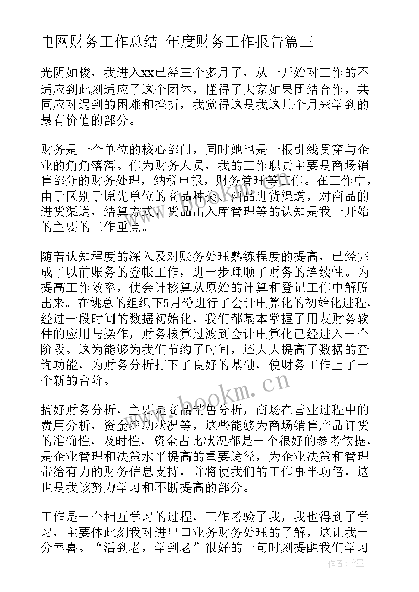 最新电网财务工作总结 年度财务工作报告(大全9篇)