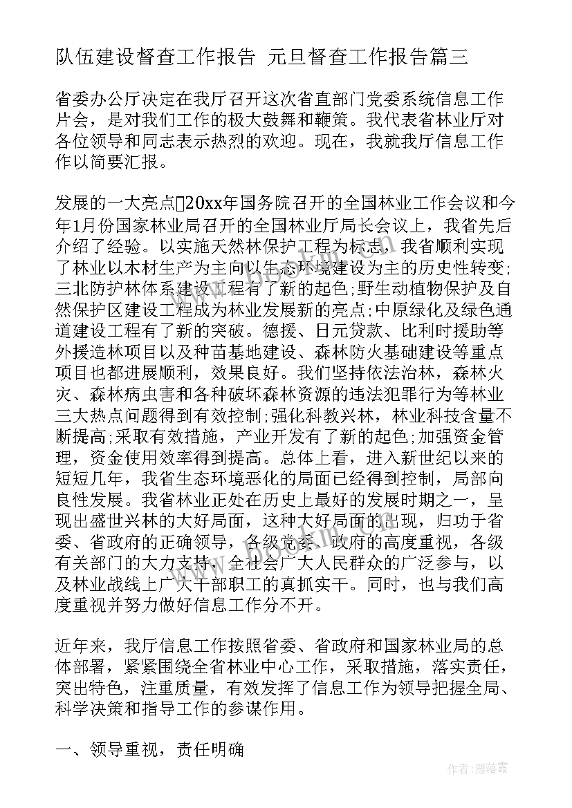 队伍建设督查工作报告 元旦督查工作报告(模板9篇)