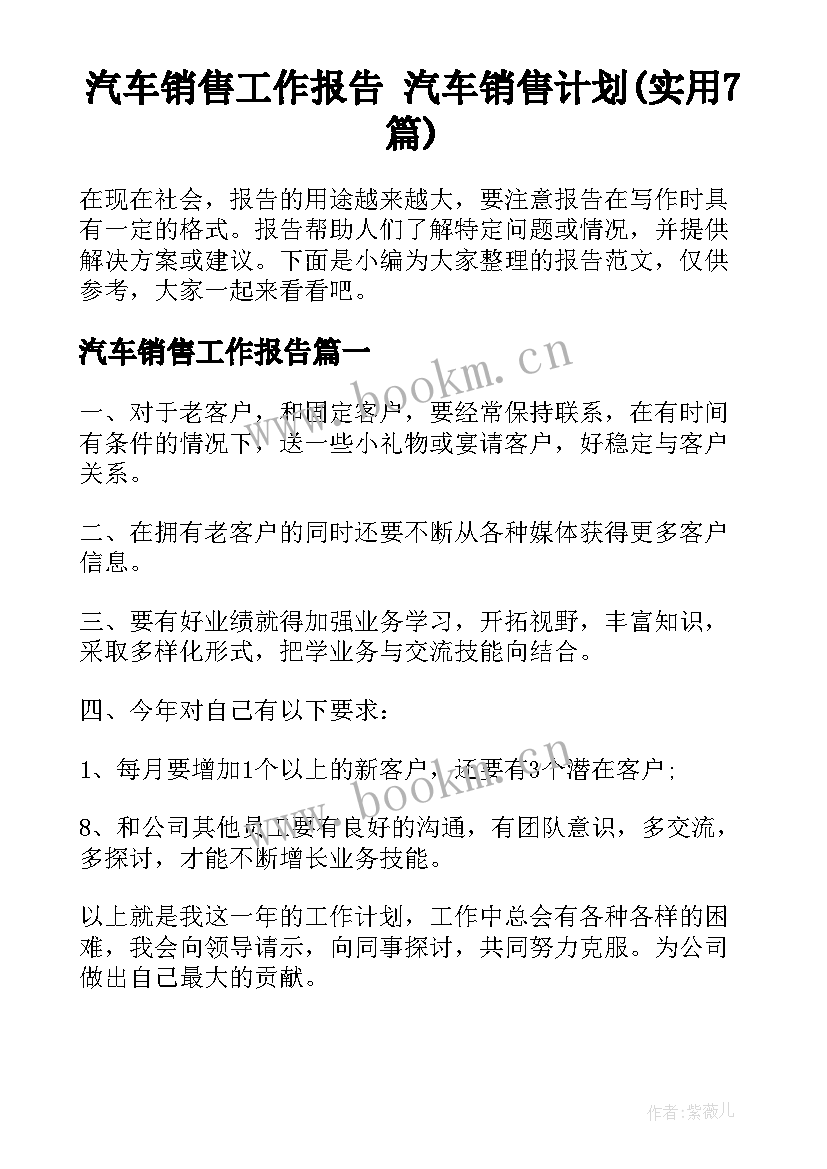 汽车销售工作报告 汽车销售计划(实用7篇)