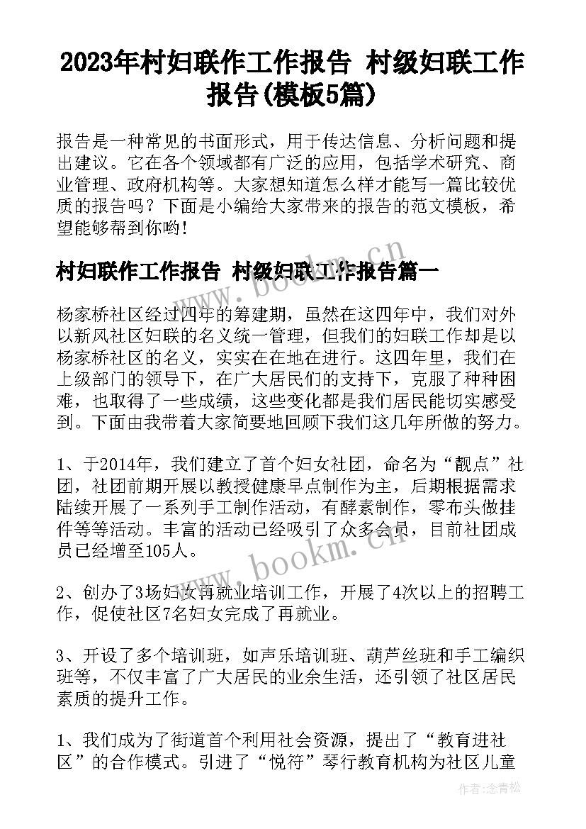 2023年村妇联作工作报告 村级妇联工作报告(模板5篇)