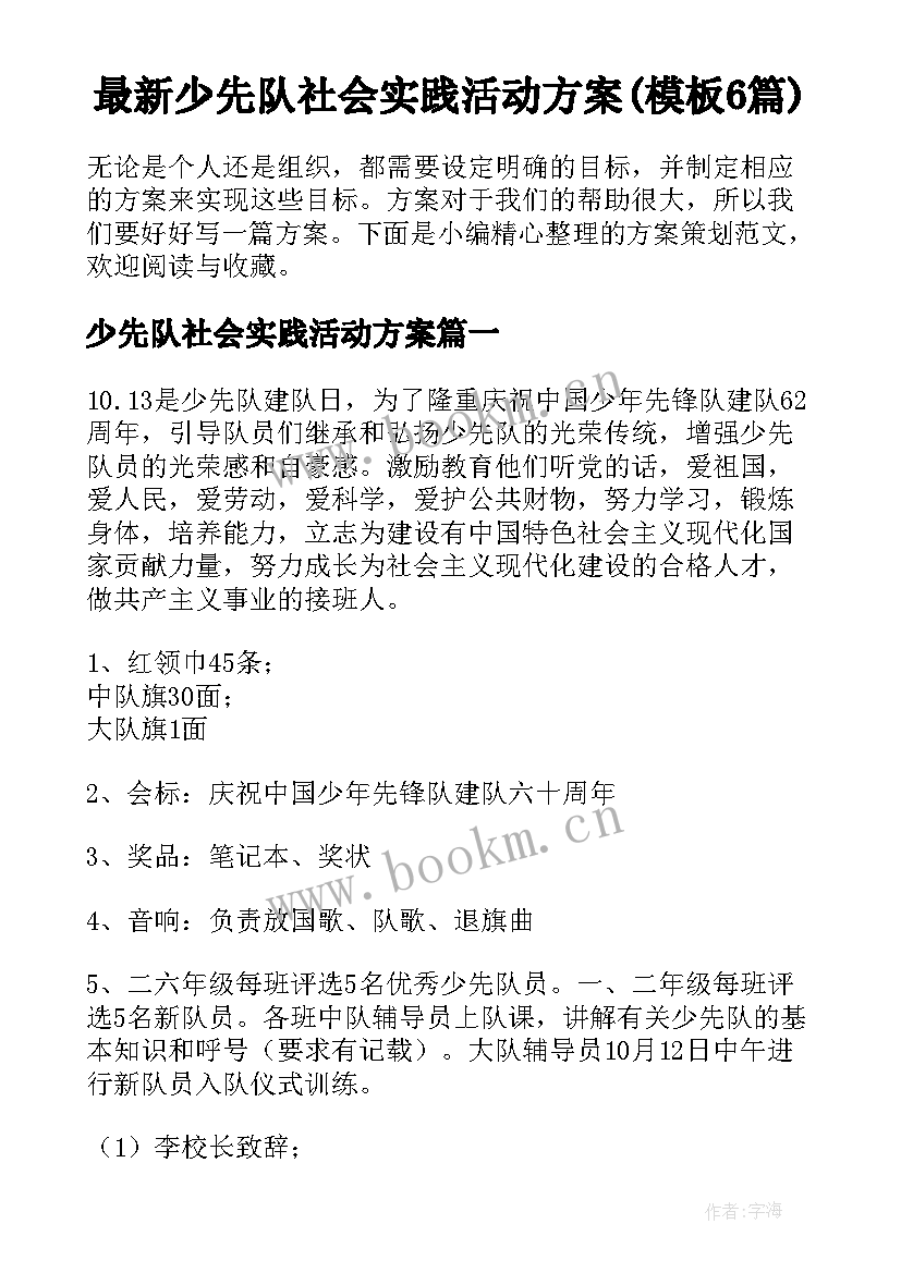 最新少先队社会实践活动方案(模板6篇)