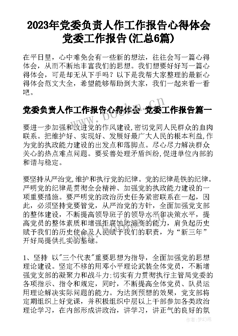 2023年党委负责人作工作报告心得体会 党委工作报告(汇总6篇)