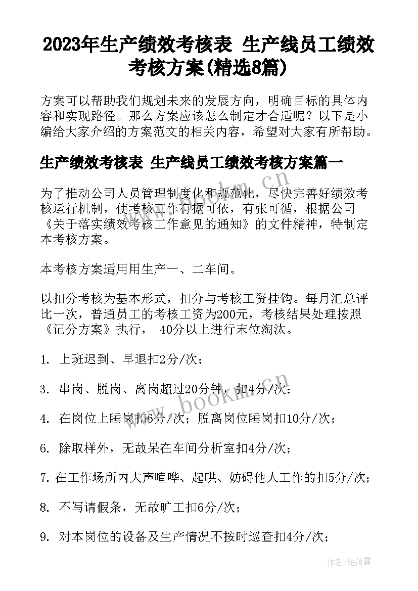 2023年生产绩效考核表 生产线员工绩效考核方案(精选8篇)