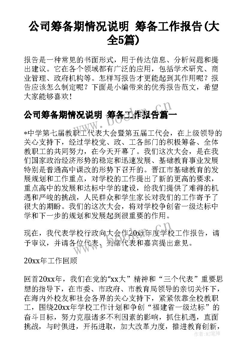 公司筹备期情况说明 筹备工作报告(大全5篇)