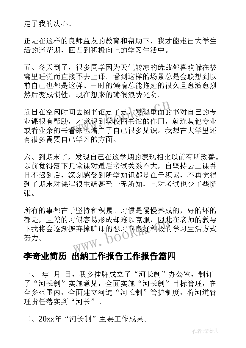 最新李奇业简历 出纳工作报告工作报告(汇总5篇)