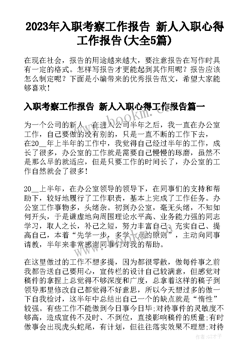 2023年入职考察工作报告 新人入职心得工作报告(大全5篇)