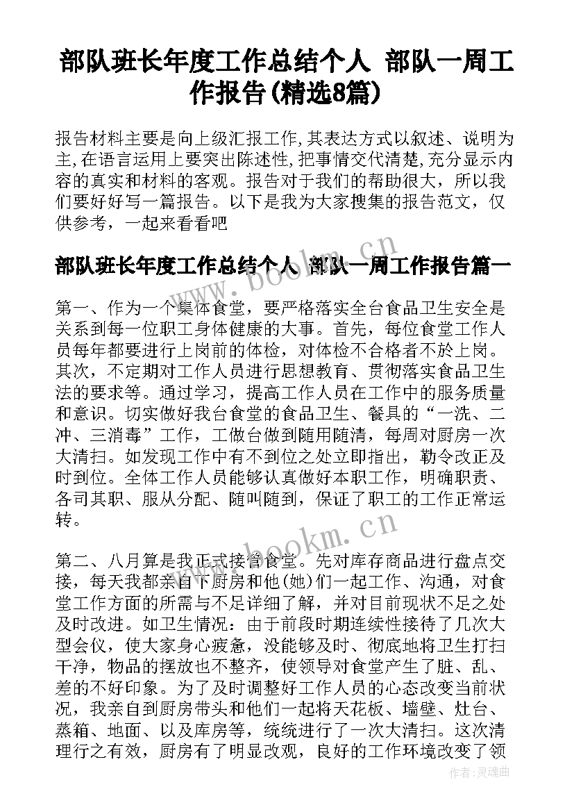 部队班长年度工作总结个人 部队一周工作报告(精选8篇)