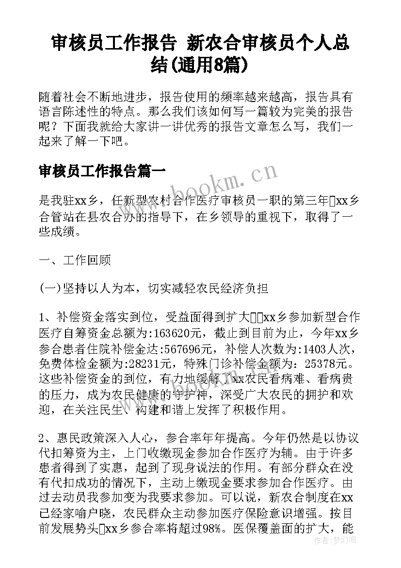 审核员工作报告 新农合审核员个人总结(通用8篇)