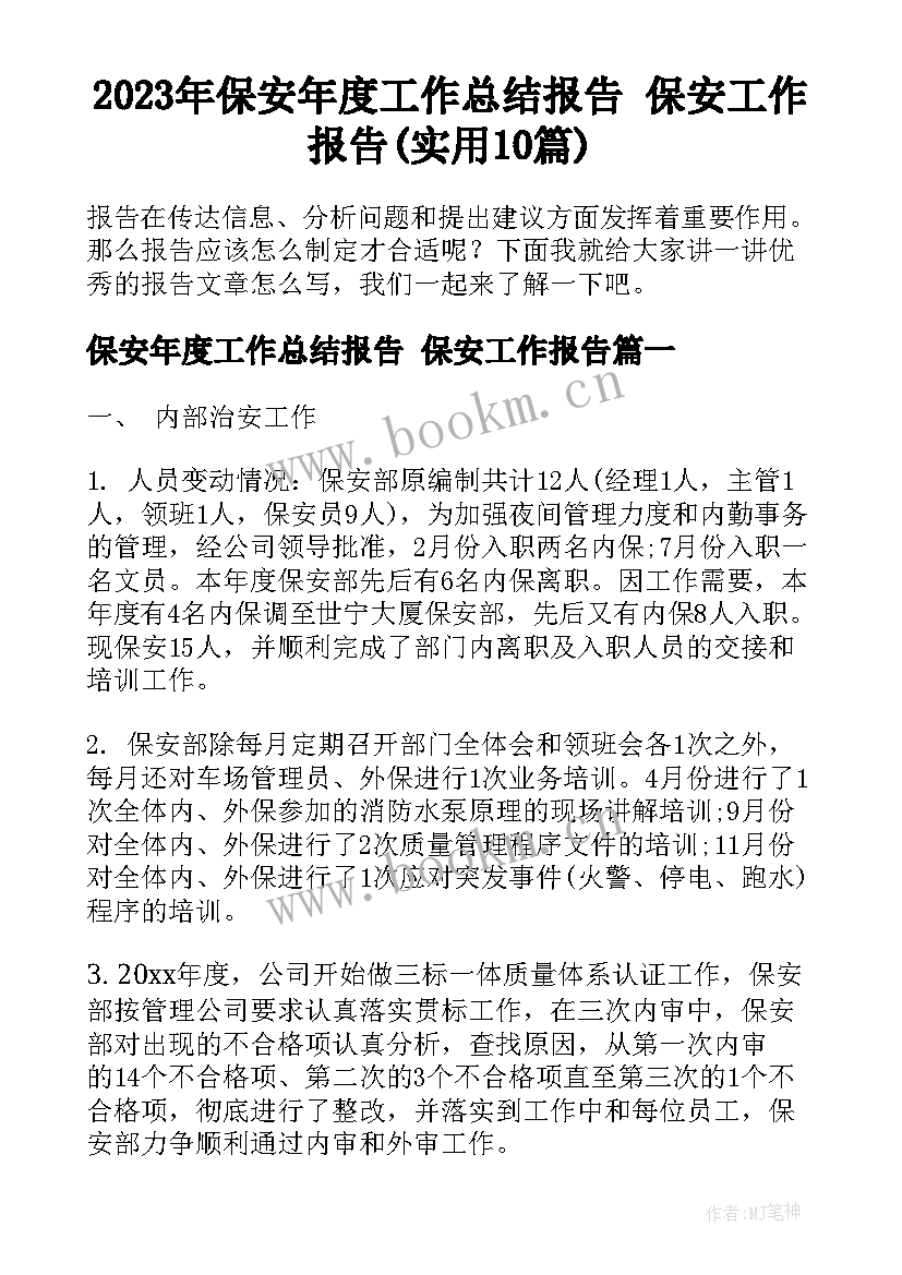 2023年保安年度工作总结报告 保安工作报告(实用10篇)