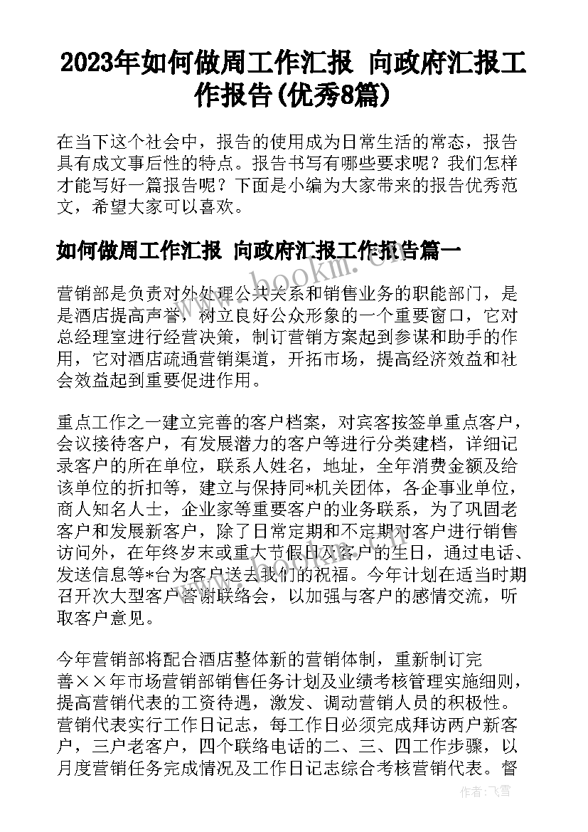 2023年如何做周工作汇报 向政府汇报工作报告(优秀8篇)