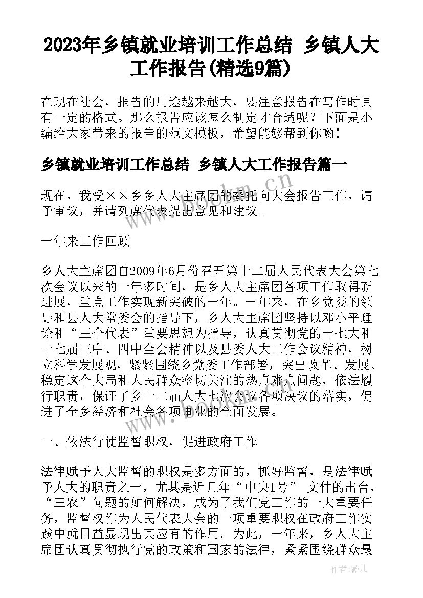 2023年乡镇就业培训工作总结 乡镇人大工作报告(精选9篇)